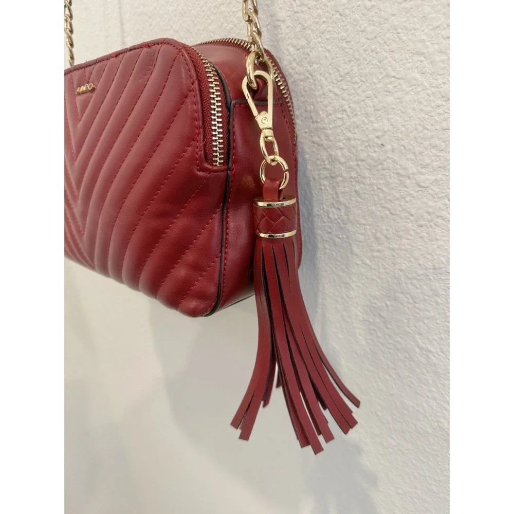 ALDO Small Red Chevron Quilted Crossbody Purse Bag Gold Accents + Tassel